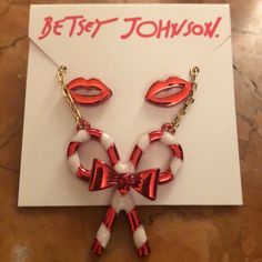 Brand New Betsey Johnson Candy Cane Necklace & Lips Earrings Set. Lips Earrings, Movie Ideas, Betsey Johnson Jewelry, Pretty Stuff, Christmas Candy Cane, Christmas Candy, Necklace Earring Set, Earrings Set, Red Gold