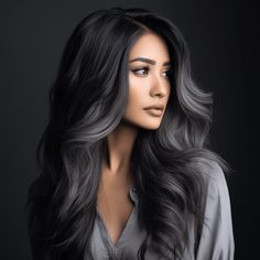 45 Gorgeous Hair Highlight Ideas for Every Base Shade Ash Grey Highlights On Black Hair, Ashy Black Hair Balayage, Black Ash Hair, Black Hair With Gray Highlights, Dark Hair With Ashy Highlights, Dark Black Hair With Highlights, Ashy Black Hair, Ashy Blonde Highlights On Dark Hair, Charcoal Hair Color