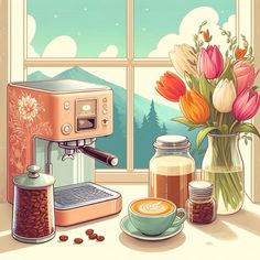 there is a coffee maker and some flowers on the window sill next to it