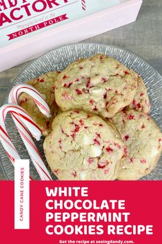 white chocolate peppermin cookies with candy canes on the side