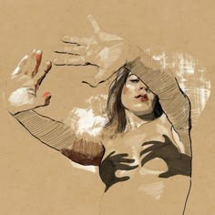 a drawing of a woman with her hands in the air