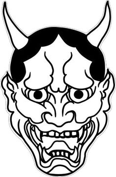 a black and white drawing of a demon mask with horns on it's head