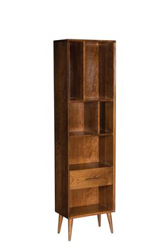 a wooden bookcase with three drawers on one side and two shelves on the other