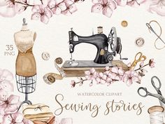 watercolor clipart sewing stories with pink flowers and vintage sewing machines on white background