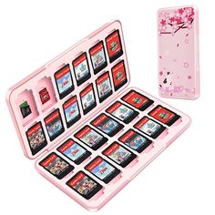 an open pink case filled with lots of different types of cell phone cases next to each other