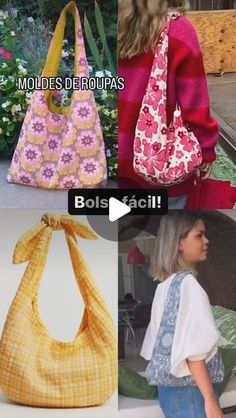 four pictures of different purses and one has a bow on the front, two are made out of fabric