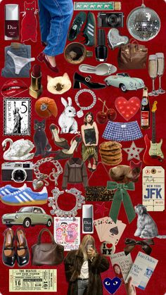 a collage of many different items on a red background, including shoes and purses