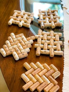 several wine corks laid out on a table