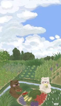 two bears are sitting in the grass near a pond and some fruit on a plate