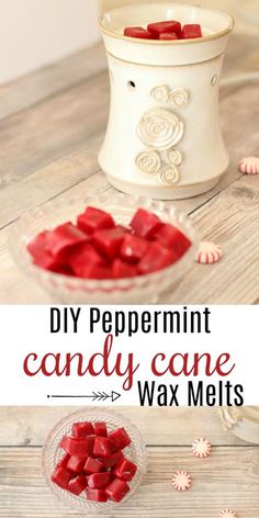 a bowl filled with candy cane wax melts on top of a wooden table next to a