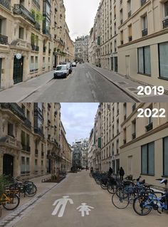 two pictures side by side showing the same street with cars and bicycles parked on both sides