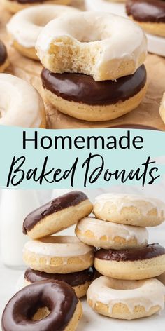 homemade baked donuts with chocolate frosting and sprinkles are stacked on top of each other