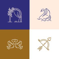 four different types of logos that include swans, flowers and an arch with a bow