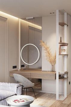 a bedroom with a bed, desk and mirror on the wall next to each other