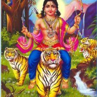 the hindu goddess sitting on top of two tigers in front of a river and trees