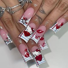 #valentinenails #hellokitty #hellokittynails Nails Short Tips, Tips Nails Design, Hello Kitty Valentines, Kawaii Kitty