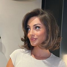 Short Hair Flared Out, Brushing Shoulder Length Hair, Short Layered Blowout Hair, Lydia Fowler Hair, Short Bob Hairstyles Side Part, Bob Hair Inspiration, Growing Out Bob Hairstyles, Short Brown Hair With Babylights, Natural Black Short Hairstyles