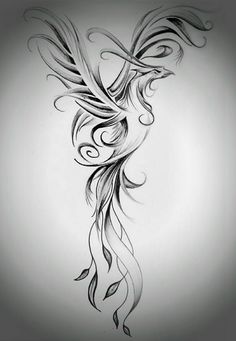 a black and white drawing of a bird with swirls on it's wings