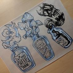 a drawing of three jars with different things in them on top of a wooden table