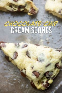 chocolate chip cream scones on a baking sheet with text overlay that reads, chocolate chip cream scones