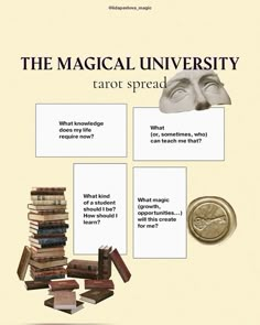 the magical university tarot spread is shown in front of a pile of books