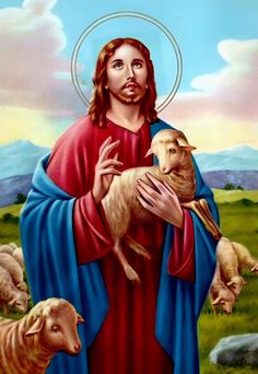 jesus holding a lamb in his arms surrounded by sheep