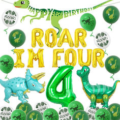 a dinosaur themed birthday party with balloons and foil letters that say roar i'm four