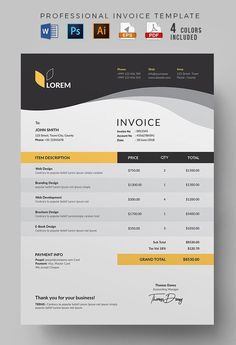 a professional invoice template with yellow accents on the front and black, white, and