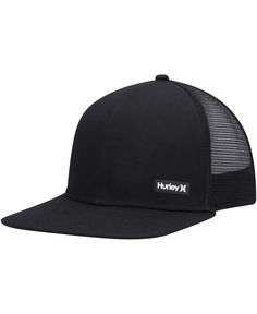 the hat is black and has white lettering on it, which reads hutley's