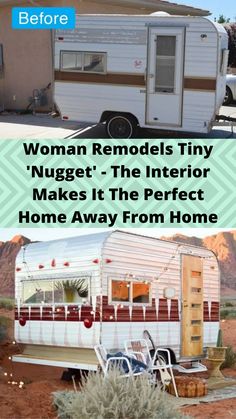 the before and after photo of a woman remodeling her trailer in arizona