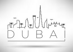 the word dubai written in black and white with an image of skyscrapers, palm trees and