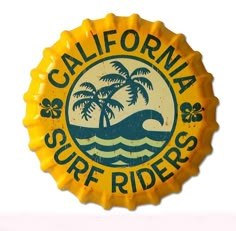 a yellow bottle cap with the words california surf riders on it and palm trees in the background