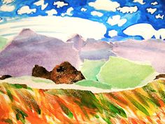 a painting of mountains and grass with clouds in the sky over them is an acrylic style