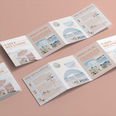 three fold brochure with images of the beach and umbrellas in it on a pink background