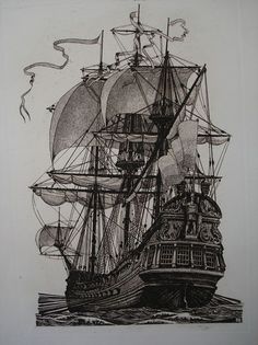 a black and white drawing of a pirate ship