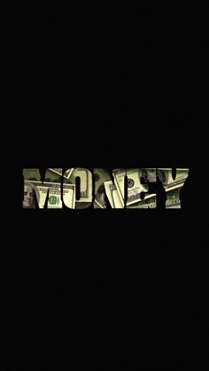 the word money is made up of dollar bills in black and green colors, against a dark background