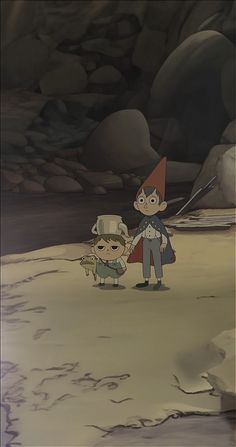 an animated image of two people standing in front of some rocks and water, one holding the hand of another person's hand