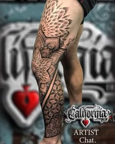 a man's leg with tattoos on it and the words, tattoo art chat