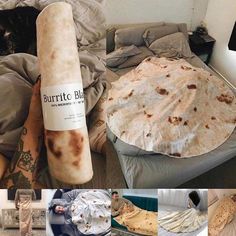 there are many different pictures of burritos on the bed and in the room