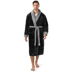 Pavilia Premium Mens Fluffy Soft Sherpa Fleece Robe Bathrobe Classic yet modern and designed to be used as a comfortable bathrobe and night robe in your home. Fuzzy faux fur sherpa fleece material Constructed with 280 GSM (460 GSM for sherpa) of high-quality microfiber polyester that is soft to touch, easy to care for, and lightweight at the same time. Available in many colors and styles to keep you warm, cozy, and stylish around your home! Size: Large-X-Large.  Color: Black.  Gender: male.  Age Fleece Robe, Bathrobe Men, Soft Robes, One Piece Clothing, Hospital Gown, One Piece Pajamas, Sherpa Fleece, Shawl Collar, Leotards