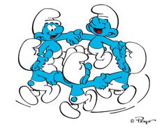 an image of the smurfs dancing together with each other on their backs and arms