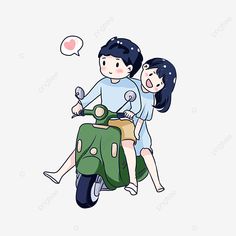 a man and woman riding on the back of a scooter with speech bubbles above them