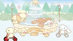 an animated drawing of dogs and puppies in front of a fountain with a girl on a tricycle