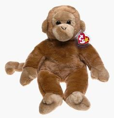 a brown stuffed monkey with a tag on it's neck and legs, sitting upright