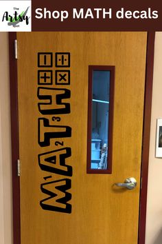 a door with the words shop math decals on it