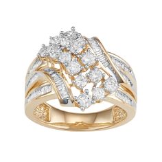 Featuring a twisted motif decorated with round- and baguette-cut diamonds, this 10k gold ring is sure to turn heads with its impressive design.RING DETAILS     Width: .7 in.     Metal: 10k gold     Plating: rhodium     Packaging: boxed                      DIAMOND DETAILS     Total weight: 1 1/2 ct.     Shape: round, baguette cut     Color grade: I-J     Clarity: I3     Setting: prong, channel            Gemstones may have been treated to enhance their appearance.  Special care may be required. Vintage Gold Rings, 10k Gold Ring, Right Hand Rings, Baguette Cut, Fantasy Jewelry, Engagement Rings Sapphire, 2 Carat, Cluster Ring, 10k Gold