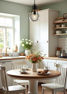 a kitchen table with two chairs and a vase filled with flowers sitting on top of it