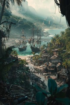 an image of a tropical island with ships in the water