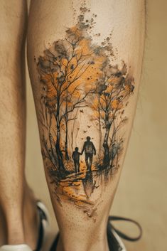 a man and woman are walking through the woods with trees on their legs, painted by watercolors