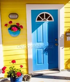 a blue and yellow front door with potted flowers